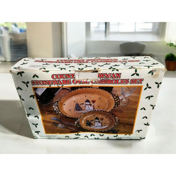Country Snowman Stoneware Oval Casserole Set - Picture 4 of 11